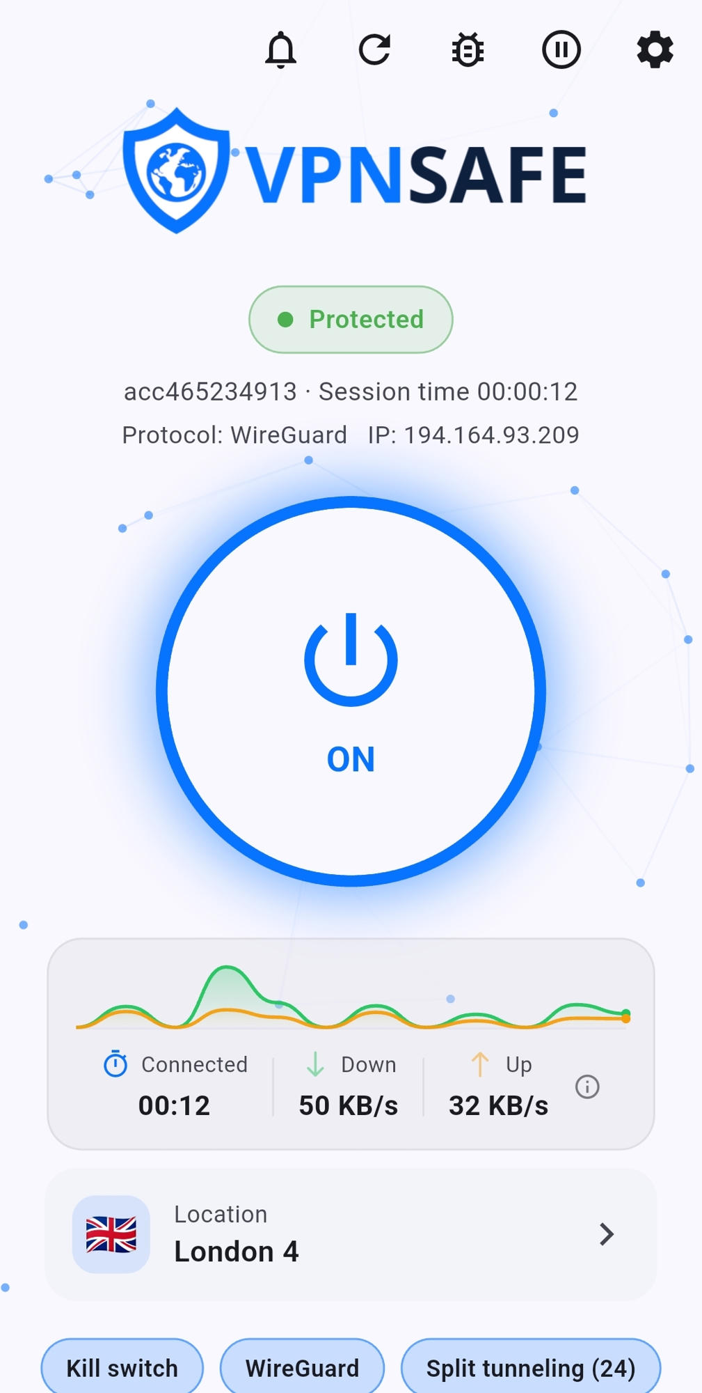 VPN Safe Android app home screen