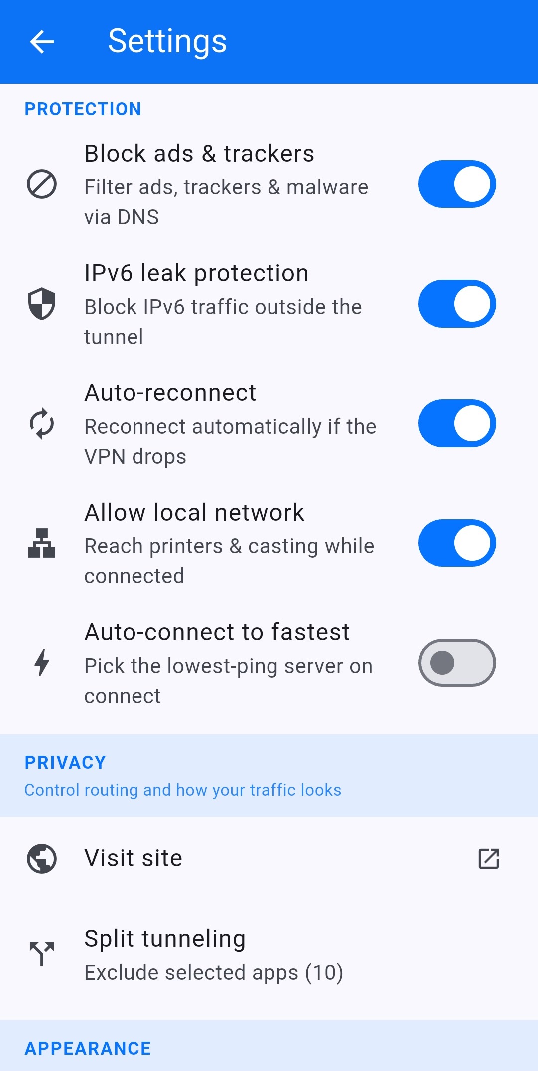 VPN Safe Android app settings