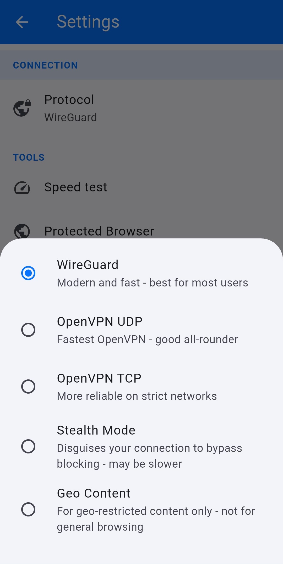 VPN Safe Android app protocol picker