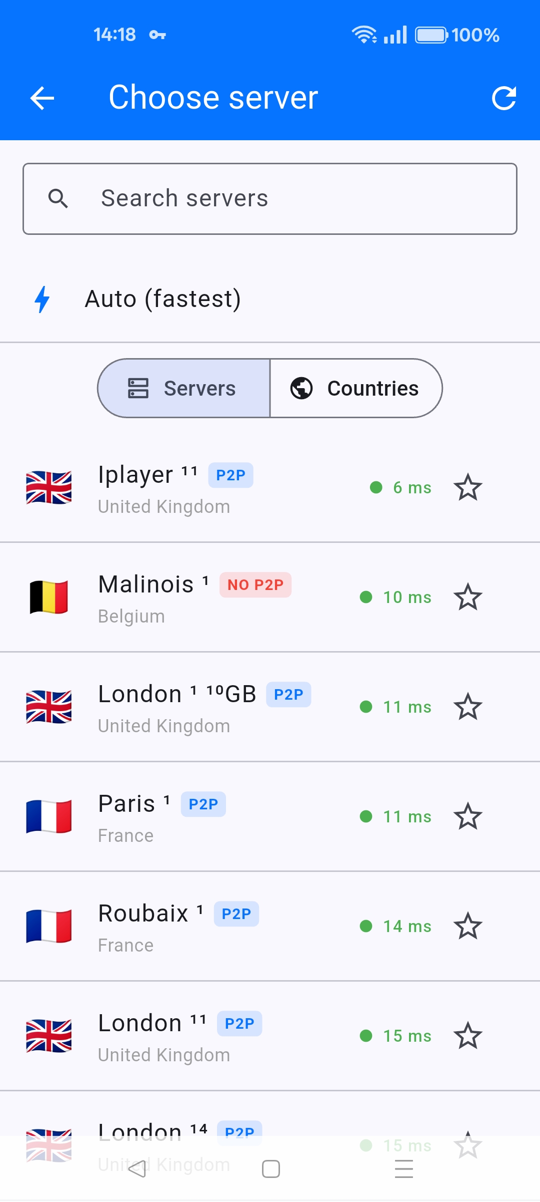 Android server list with Iplayer, P2P, NO P2P and 10GB badges