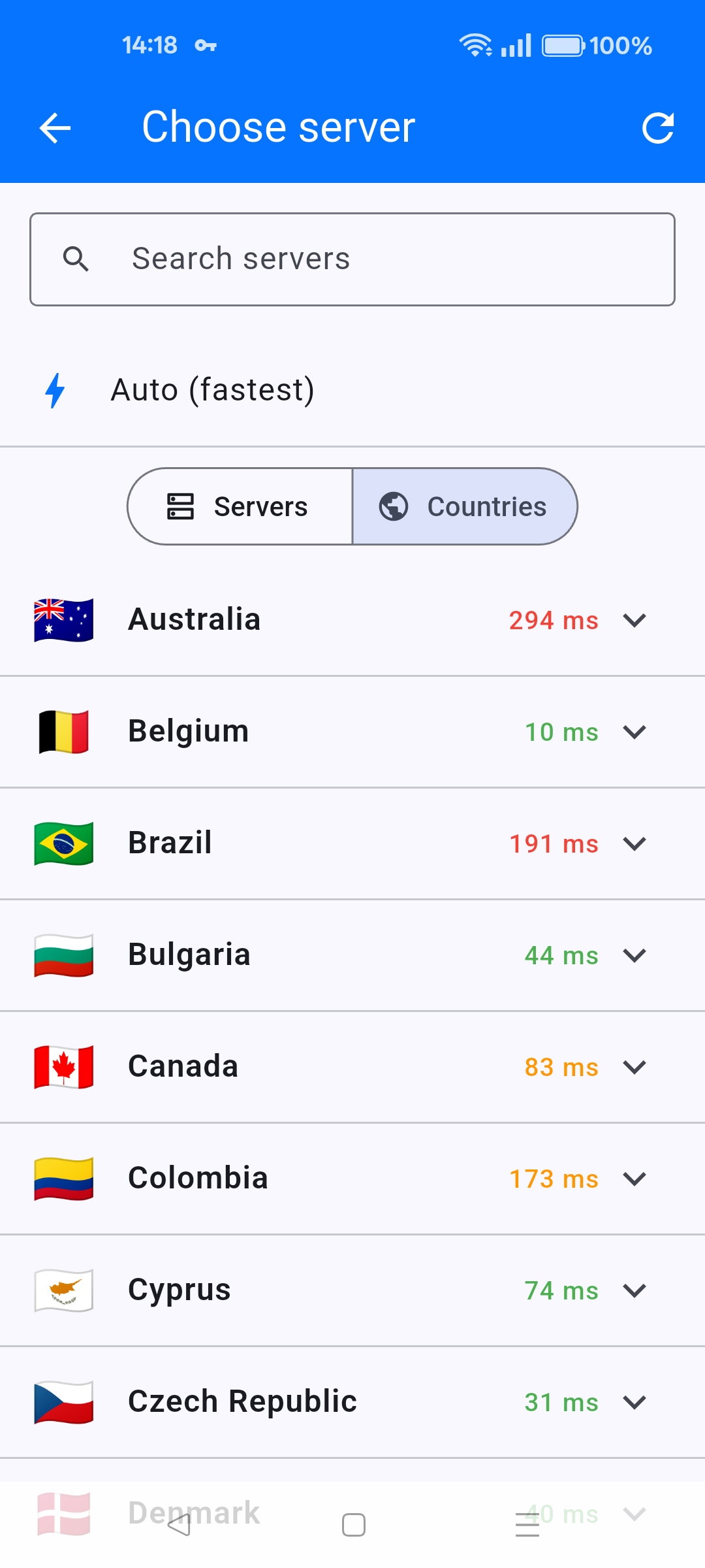 Android Countries tab with per-country ping times