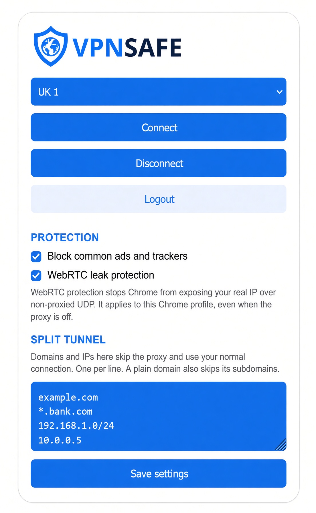 VPN Safe browser extension showing the server list, Connect and Disconnect, ad and tracker blocking, WebRTC leak protection, and split tunnel