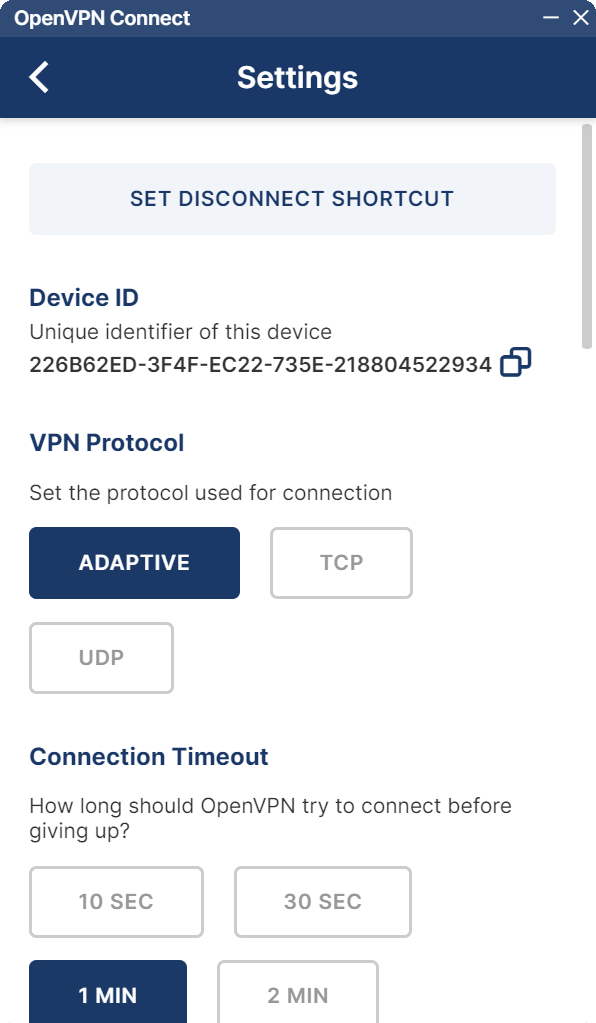 OpenVPN app settings