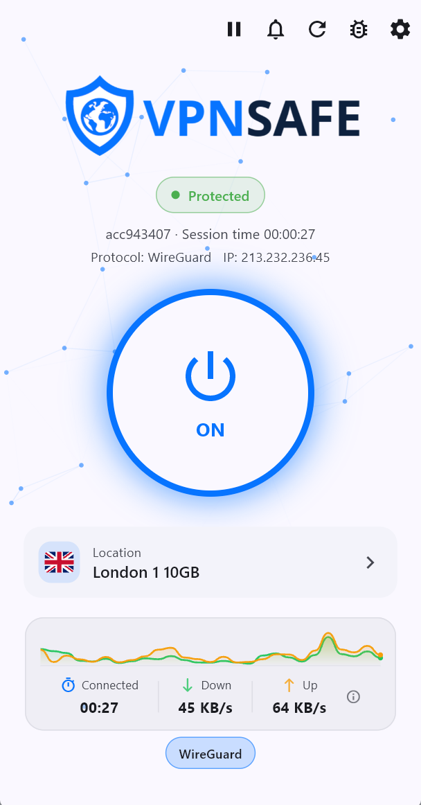 VPN Safe Windows app home screen
