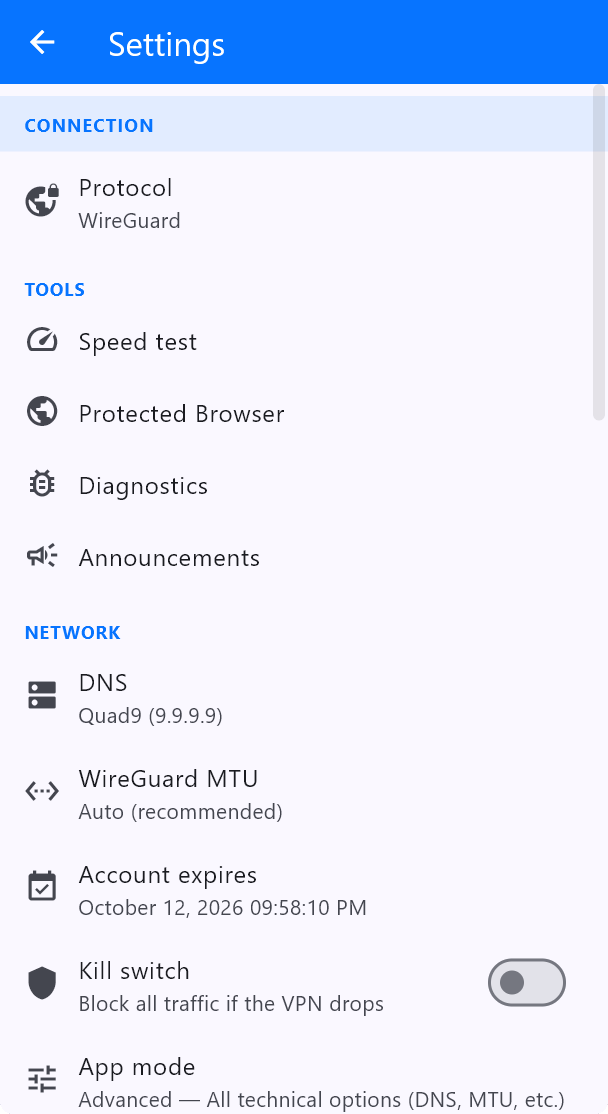 VPN Safe Windows app settings
