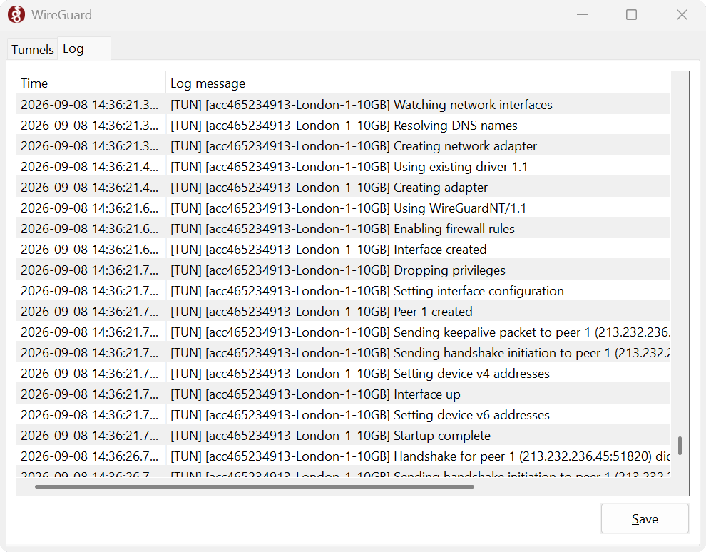 WireGuard app tunnel settings